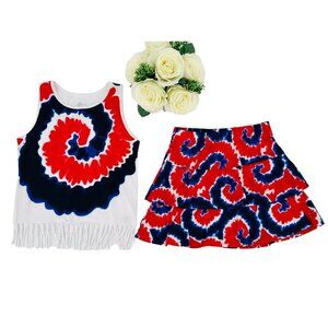 2 Piece Set Girls Skirt & Tank Top Shirt Size 6 Outfit Tie-Dye Red White Blue